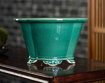 Green ice cracked glaze bonsai pot high papaya-shaped cloud foot flower pot Yixing bonsai pot home decoration exhibition bonsai pot