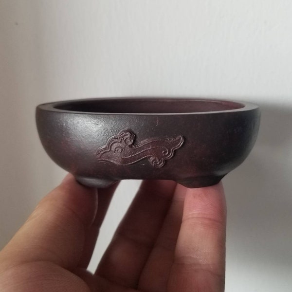 Hand-made mini oval bonsai pot Yixing purple clay pottery ancient red bonsai flower pot simple retro home gardening exhibition bonsai pot