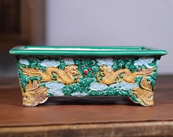 10.6 Inch Hand Painted Dragon Bonsai Pot Rectangular Bonsai Pot Ceramic Crackle Glaze Flower Pot Gardening Exhibition Bonsai Pot