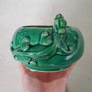 Puede incluir: Un macetero de cerámica verde con forma de hoja rizada con un diseño en relieve. El macetero tiene una abertura ancha y poco profunda y un fondo redondeado.