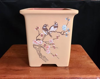 Handgemaakte vierkante bonsai pot orchidee pot Yixing paarse zand bloempot met de hand gesneden bloem en vogel kalligrafie en schilderij retro bonsai pot
