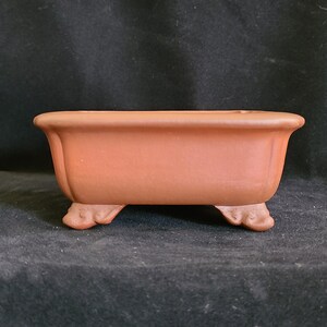 May include: A rectangular terracotta bonsai pot with four feet. The pot is a reddish-brown color and has a smooth, unglazed finish.