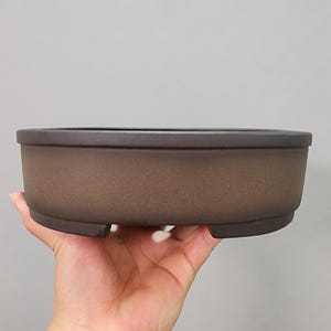 Könnte beinhalten: Eine braune, ovale Bonsaischale mit strukturierter Oberfläche. Der Topf hat einen dunkelbraunen Rand und drei kleine Füße. Der Topf ist zum Pflanzen und Ausstellen von Bonsai-Bäumen bestimmt.