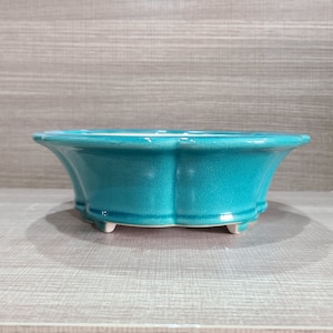 May include: A turquoise ceramic bonsai pot with a crackle glaze. The pot has a scalloped rim and sits on three small feet. The shape is reminiscent of a flower. The pot is designed for planting small trees or plants.