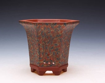 Simple retro breathable handmade hexagonal bonsai pot Yixing purple sand ground mud flowerpot succulent planter orchid and cactus flowerpot