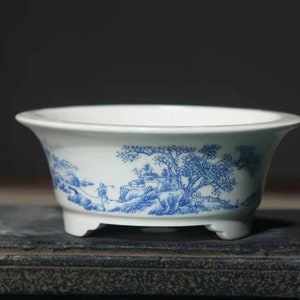 Round bonsai pot blue and white landscape painting sketch bonsai pot ceramic glazed flower pot flower exhibition bonsai pot