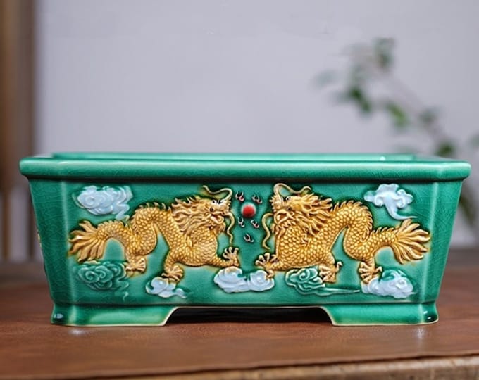 Rectangular Cut Corner Relief Painted Dragon Bonsai Pot Green Crack