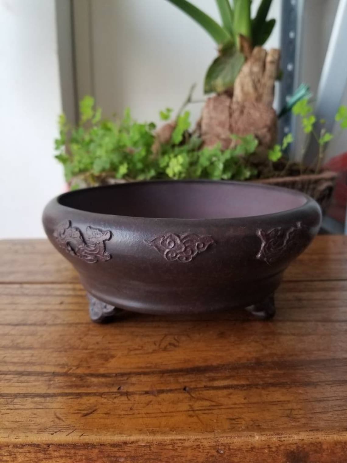 Round Bonsai Pot Handmade Retro Cloud Foot Flower Pot Ancient Etsy