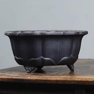 May include: A black ceramic planter with a scalloped rim and three legs. The planter is oval shaped and has a matte finish.