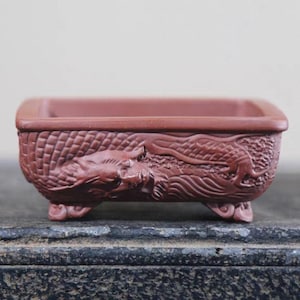 May include: A rectangular, reddish-brown ceramic bonsai pot. The pot features a detailed dragon relief design on the sides and rests on small, curved feet. The pot's edges are rounded, and the interior is empty.