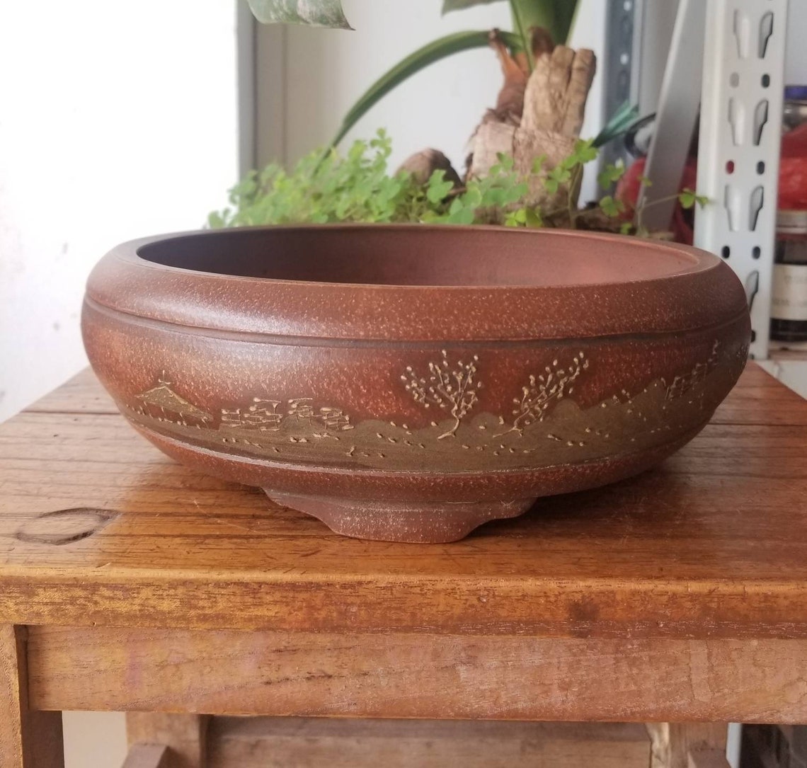 Round bonsai pots Yixing purple sand pottery handmade flower Etsy