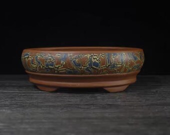May include: A brown ceramic bonsai pot with a decorative pattern in blue and yellow. The pot is oval-shaped, with a low profile and three small feet. The rim features a detailed design.