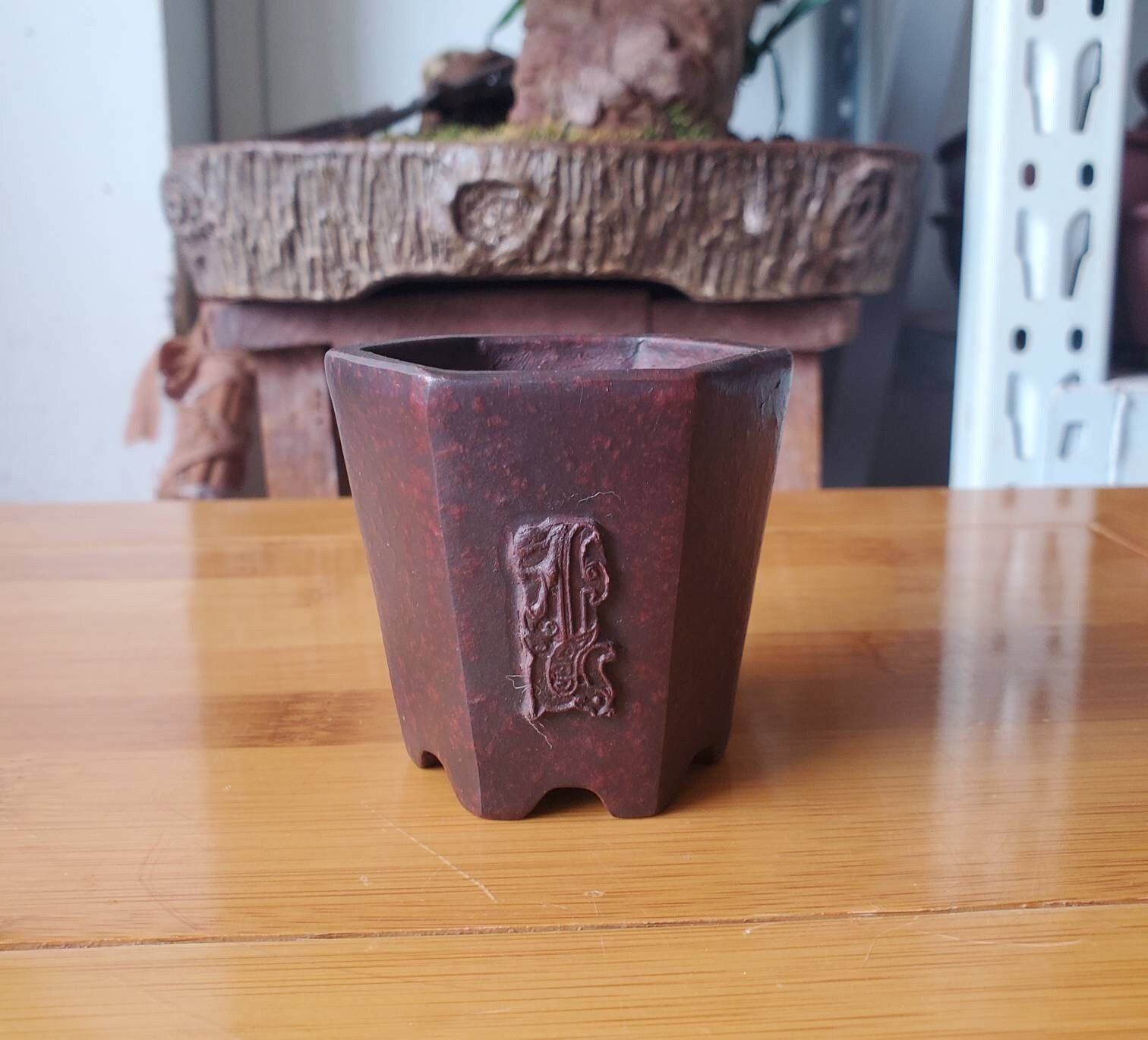 ミニ手作り六角盆栽鉢ヤシスケッチ植木鉢宜興紫砂古代赤レトロ素焼き