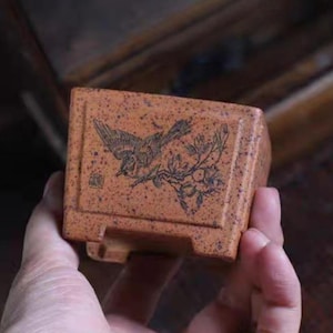 Puede incluir: Una pequeña maceta rectangular de cerámica naranja moteada con una detallada ilustración en negro de un pájaro y una rama floral. La maceta tiene una pequeña abertura rectangular en la parte delantera.