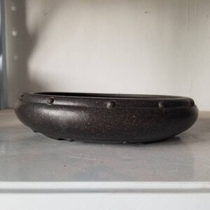 K&ouml;nnte beinhalten: Ein dunkelbrauner Keramik-Bonsai-Topf mit runder Form und texturierter Oberfl&auml;che. Der Topf hat einen erh&ouml;hten Rand mit kleinen, gleichm&auml;&szlig;ig verteilten Punkten am Rand.