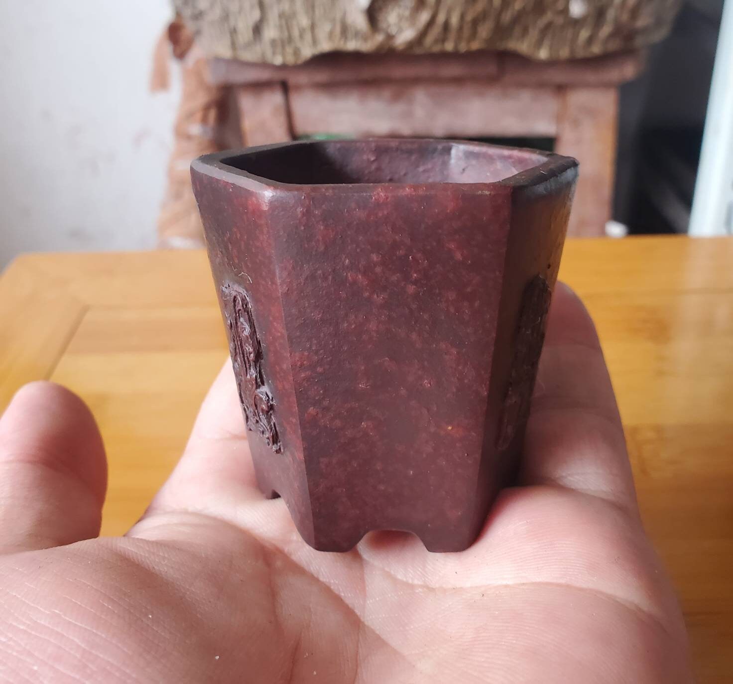 ミニ手作り六角盆栽鉢ヤシスケッチ植木鉢宜興紫砂古代赤レトロ