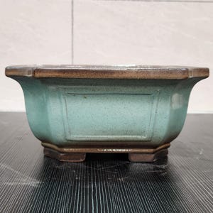 23 cm högkvalitativ glaserad bonsai-kruka handgjord fyrkantig hörnkruka i blockform Yixing lila sand retro ljusgrön glaserad blomkruka