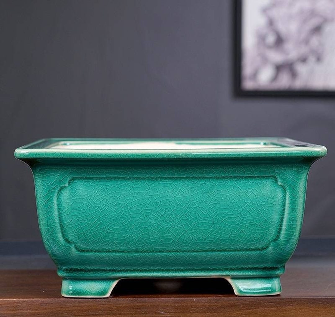Square Bonsai Pot Green Cracking Glaze Flower Pot Yixing Bonsai Pot