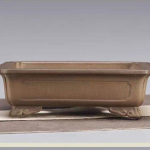 Puede incluir: Una maceta rectangular marrón para bonsái con un borde ligeramente curvado y pies decorativos. La maceta está hecha de un material mate y se asienta sobre una superficie de tonos neutros. Este recipiente está diseñado para cultivar bonsáis.