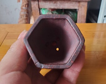 ミニ手作り六角盆栽鉢ヤシスケッチ植木鉢宜興紫砂古代赤レトロ素焼き