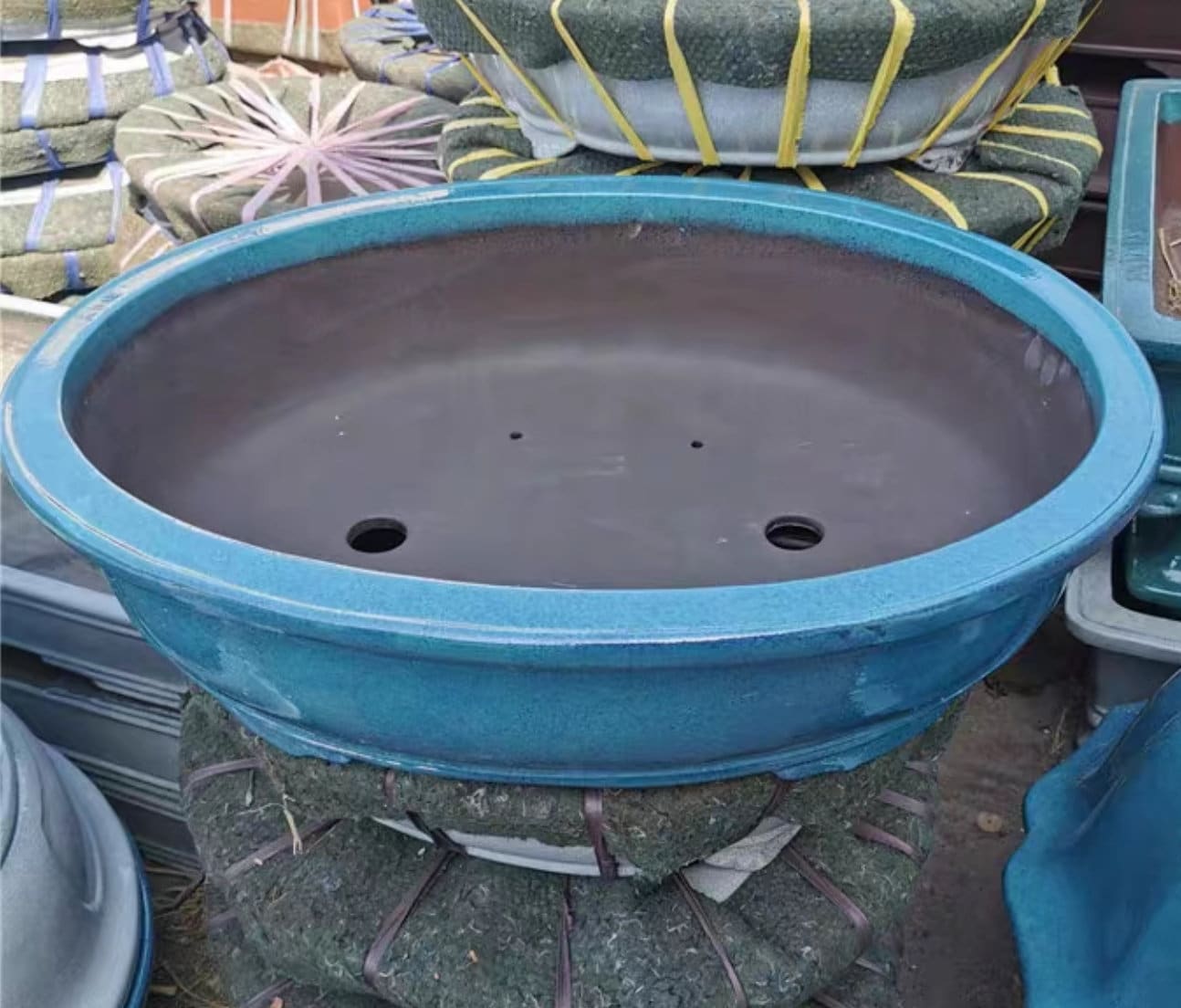 28.1 Inch Large Oval Bonsai Pot Light Blue Glazed Flower Pot
