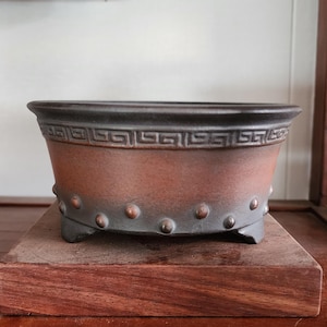 May include: A brown ceramic bonsai pot with a dark rim and decorative geometric pattern. The pot has a series of small, round accents and sits on a wooden base. The pot is approximately 10 inches wide.