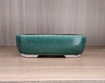 May include: A green ceramic bonsai pot with a white rim and three small feet. The pot is sitting on a wooden surface.