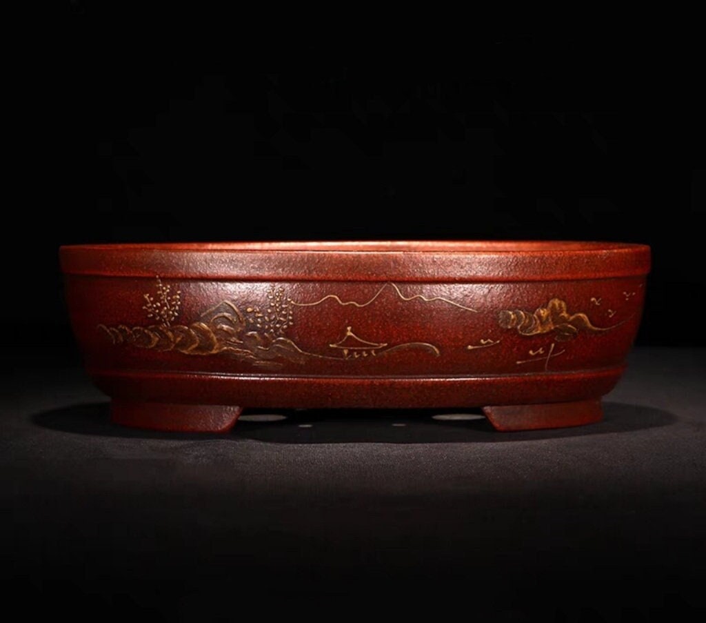 Oval bonsai pot old style bonsai pot Yixing purple sand flower pot retro handmade mud painted landscape painting green plant bonsai pot