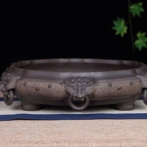 Retro handmade bonsai pot live ring six animal head shallow bonsai pot Yixing purple sand flower pot gardening green plant exhibition bonsai