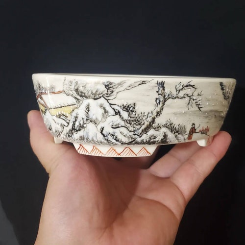 Hand-painted snow scene characters landscape painting oval bonsai shops pot gardening decorative pot pot