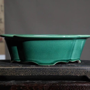 May include: A rectangular, emerald green ceramic planter with a scalloped rim and sides. The planter has a crackle glaze finish and sits on a dark wooden stand. The design is suitable for bonsai or small plants.