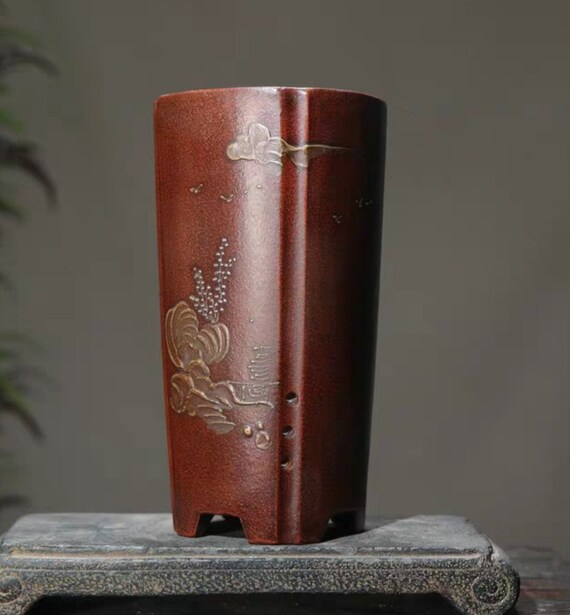 高銘の筒盆栽鉢 宜興紫砂植木鉢 レトロな古いスタイルの盆栽鉢 手作り