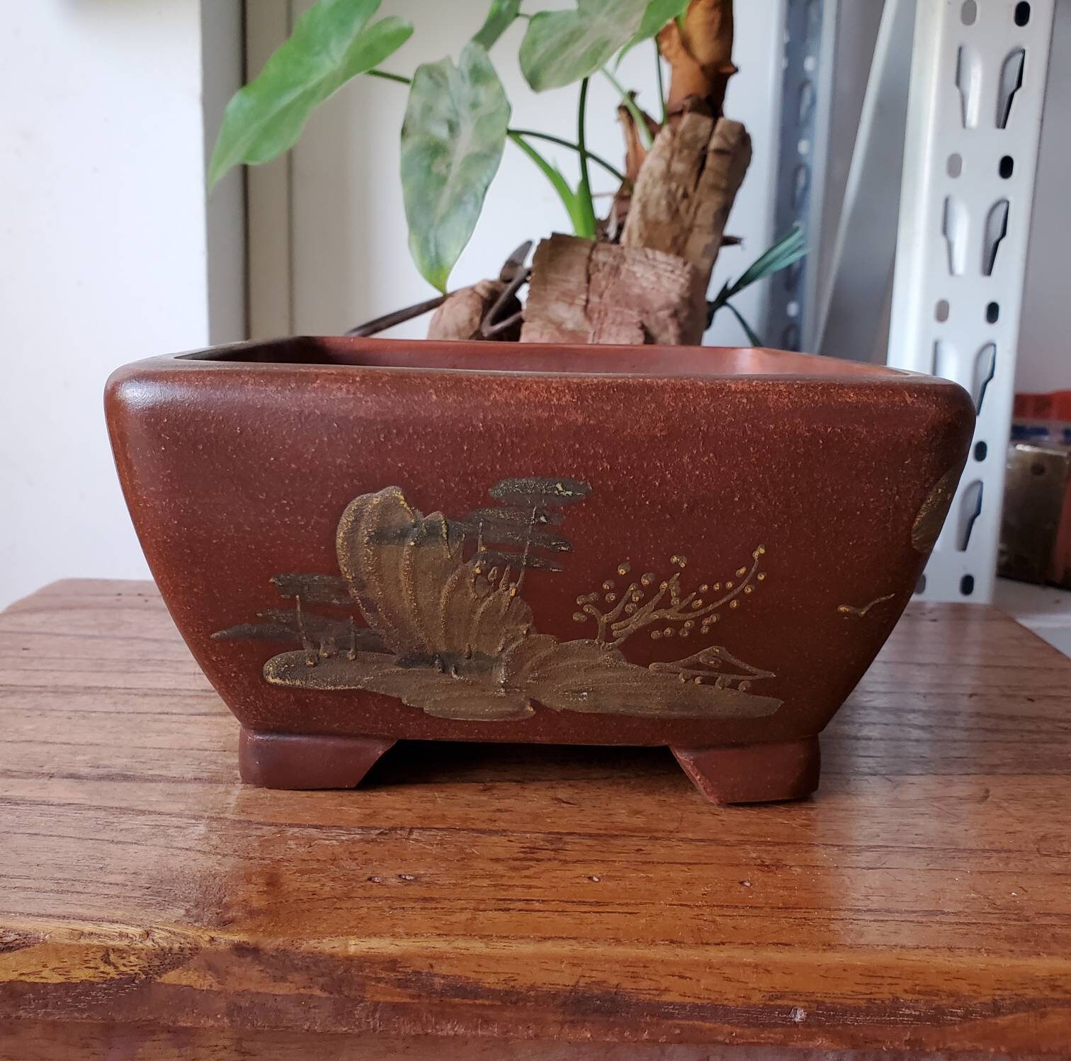 Handmade square retro mud painting shallow bonsai pot Yixing purple