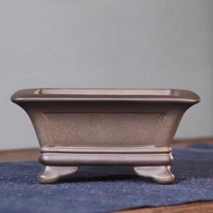 Peut inclure: Un pot à bonsaï rectangulaire marron avec une forme légèrement évasée et quatre petits pieds. Le pot a une finition lisse et mate et un design simple et élégant. Idéal pour les petites plantes ou les bonsaïs.