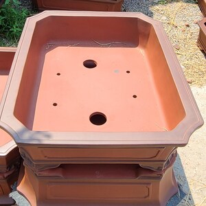 Pode incluir: Um grande vaso de bonsai de cor terracota com formato retangular e base decorativa em camadas. O vaso possui v&aacute;rios orif&iacute;cios de drenagem e uma bacia larga e rasa, adequada para plantar pequenas &aacute;rvores ou arbustos.