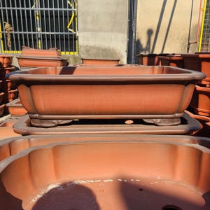 May include: A stack of terracotta bonsai pots. The top pot is rectangular with a wide rim and four feet. The pot below is round with a scalloped edge.