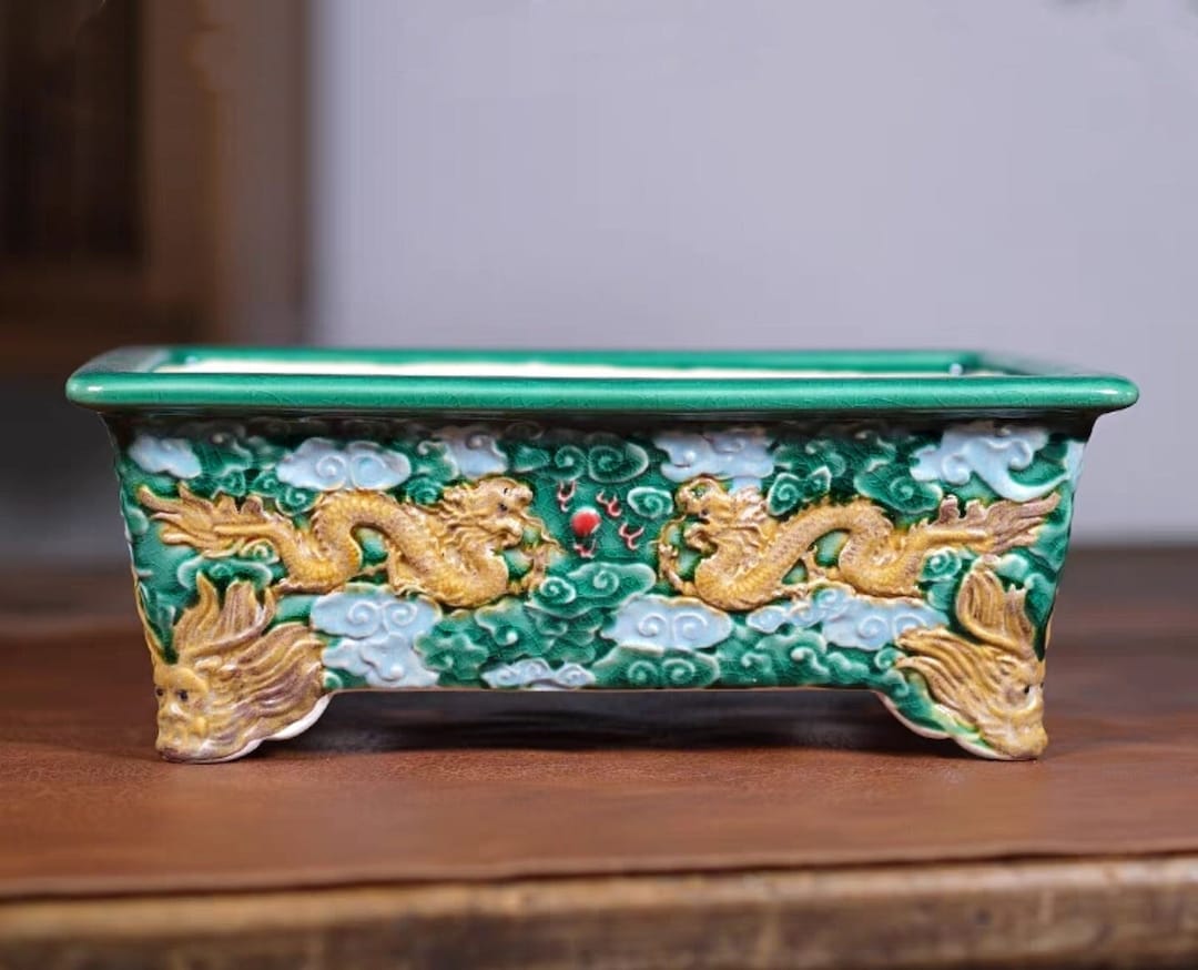 10.6 Inch Hand Painted Dragon Bonsai Pot Rectangular Bonsai Pot