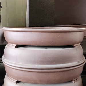 Könnte beinhalten: Gestapelte, runde, braune Bonsai-Töpfe mit einem breiten, flachen Design. Die Töpfe haben eine glatte, matte Oberfläche und sind auf kleinen Füßen erhöht. Das Bild zeigt mehrere Töpfe, was auf eine Sammlung oder Ausstellung von Bonsai-Behältern hindeutet.