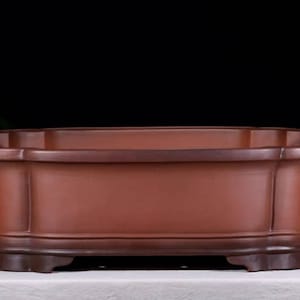 May include: A rectangular terracotta bonsai pot with a rounded bottom and a slightly flared lip. The pot has a dark brown glaze and a smooth finish.