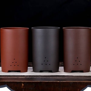 Handmade round barrel purple sand flower pot orchid flower pot simple breathable flower pot succulent planter green plant display bonsai pot
