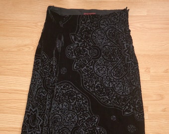 KENZO Black Pattern Velvet Silk Blend, Maxi Asymmetrical Hem Skirt, Size L, Made in France