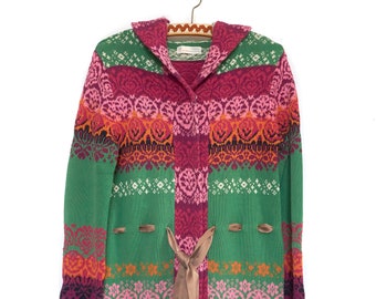 ODD MOLLY 47 Colorful Knit Cardigan with Hood, Silk Belt, Size L