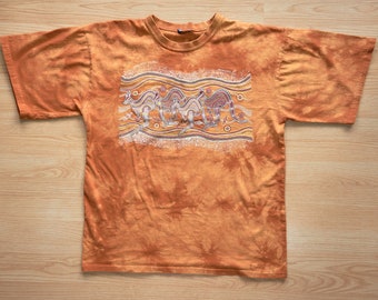 J W Eastwood Aboriginal Art Men's Orange T shirt, Kangaroo Journey, Size XL