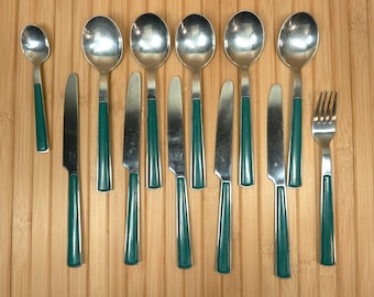 Vintage WMF Cromargan Cutlery Set of 12, Green Plastic Handles