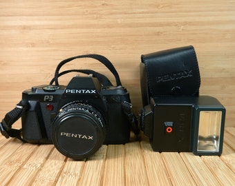 Vintage Pentax P3 35mm SLR Film Camera, with SMS Pentax-A 1:2 50mm Lens and  Pentax AF200Sa Flash, Made in Japan