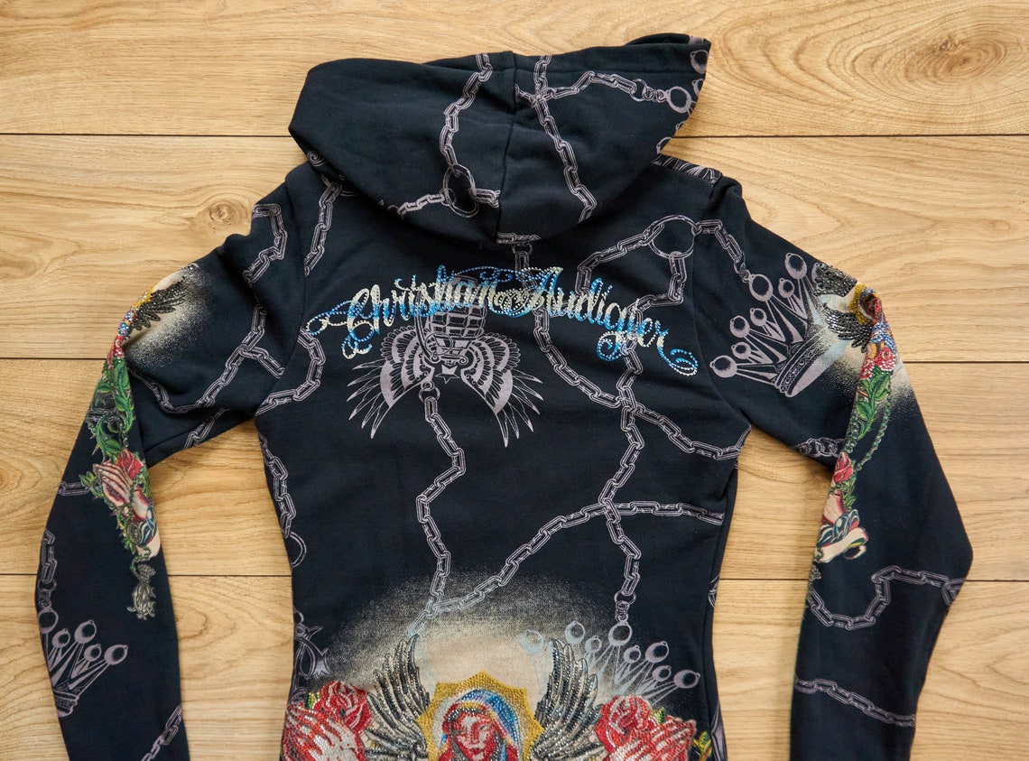 Christian Audigier Women's black Hoodie rare pattern Etsy