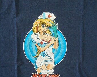 Vintage 90s HOOK-UPS Nurse Girl Daisy Navy Blue T-shirt, Size S, Made In USA