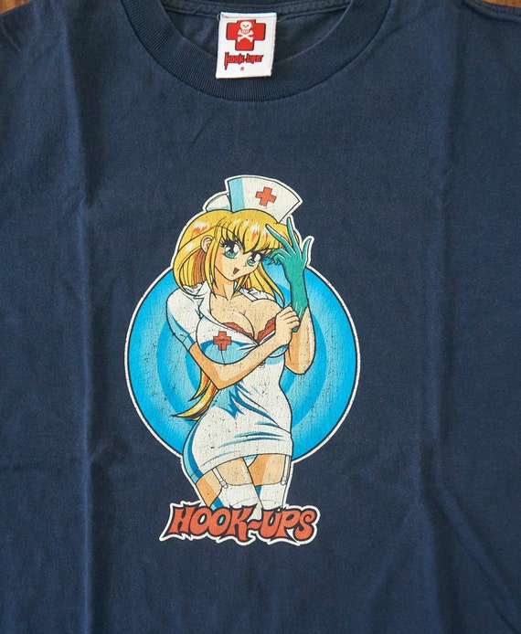 Vintage 90s HOOK-UPS Nurse Girl Daisy Navy Blue T-shirt, Size S