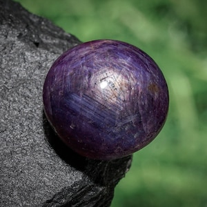 May include: A close-up of a round, polished, purple gemstone with a star-like pattern. The gemstone is resting on a dark, textured rock, with a blurred green background.