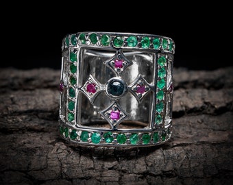 Emerald, Ruby & Sapphire 925 Sterling Silver Ring, Handmade Vintage Style Ring Size 5.5